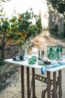 Picknick mit leckerem Dessert und aromatischem Kaffee im Garten — Stockfoto