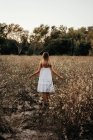Tender senhora de pé no campo florescente — Fotografia de Stock