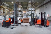 Différents modèles modernes de chariots élévateurs dans un grand entrepôt préparé pour la journée de travail — Photo de stock