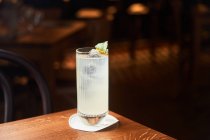 Водка і тонізуючий алкогольний коктейль у склянці з високим м'ячем, прикрашені листя льоду і м'яти на темному фоні — стокове фото