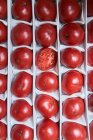 Вид сверху на сочные спелые красные помидоры, расставленные в коробке для продажи на рынке — стоковое фото