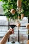 Снизу урожая женская рука со стильным бокалом красного вина с современным интерьером ресторана — стоковое фото