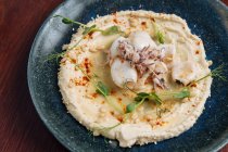 Von oben cremiger Hummus mit winzigem Oktopus und Tintenfischen garniert mit Paprika und Pinienkernen mit Sesam und grün mit Öl — Stockfoto