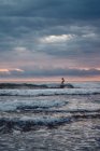 Homem irreconhecível com prancha de surf andando perto do mar ondulando à noite nublado na praia na Costa Rica — Fotografia de Stock