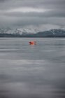 Flamant solitaire calme sur le lac contre les montagnes enneigées — Photo de stock
