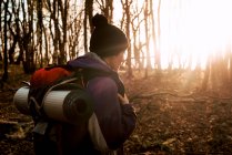 Backpacker trekking in autumn forest — Stock Photo