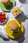 Von oben hausgemachte gesunde vegane grüne Linsenburger mit Tomaten, Salat und Pommes — Stockfoto