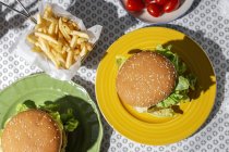 Vue du dessus du hamburger végétalien maison aux lentilles vertes et saines avec tomate, laitue et frites — Photo de stock