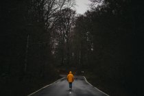 Vue arrière de l'homme anonyme en veste jaune marchant sur la route asphaltée vide au milieu de la forêt verte — Photo de stock