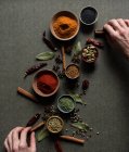 Top view of crop unrecognizable person holding cinnamon sticks near pot with red paprika powder over gray table with set of assorted aromatic spices — Stock Photo