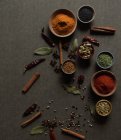 Top view composition with different kinds of natural aromatic spices placed on dark gray background — Stock Photo