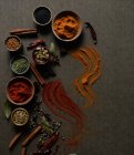 Top view composition with different kinds of natural aromatic spices placed on dark gray background with powder spice spilled on the surface — Stock Photo