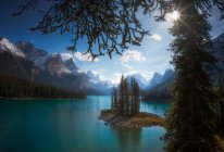 Erstaunliche kanadische Landschaft mit einer winzigen Insel mit Fichten in einem schönen ruhigen See mit türkisfarbenem Wasser, umgeben von majestätischen felsigen Bergen, die mit Schnee bedeckt sind, umrahmt von Zweigen von Nadelbäumen an sonnigen Tagen — Stockfoto