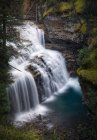 Paesaggio pittoresco con cascata che cade in burrone roccioso coperto di muschio verde e piante fogliame nella campagna canadese — Foto stock