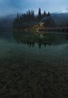 Мирный вечерний пейзаж с сельским домом с освещенными окнами и дымом из трубы, расположенной на берегу спокойного озера с прозрачной водой на фоне тёмного леса и туманных гор в канадской сельской местности — стоковое фото