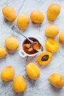 Top view of white plate with fresh yellow ripe apricots placed on white marble table with cut in half apricot and it 's jam in a jar — стоковое фото