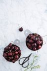 Вид зверху горщики зі стиглими солодкими червоними вишнями на мармуровому столі з зеленою гілкою — стокове фото