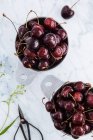 Вид зверху горщики зі стиглими солодкими червоними вишнями на мармуровому столі з зеленою гілкою — стокове фото