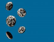 Пончики из белого и черного шоколада, плавающие на голубом фоне — стоковое фото