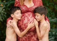 Schwangere umarmt Zwillingsjungen im Garten — Stockfoto