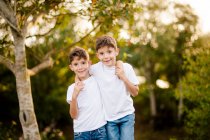 Щасливі хлопчики-близнюки обіймаються і дивляться на камеру в парку — стокове фото