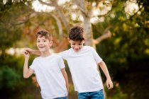 Счастливые мальчики-близнецы обнимаются и смотрят в камеру в парке — стоковое фото