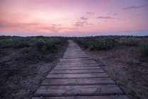 Caminho de madeira quebrada passando por um campo calmo contra o céu nublado — Fotografia de Stock