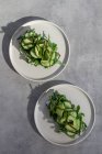 Délicieux toasts aux légumes frais et aux herbes dans des assiettes — Photo de stock