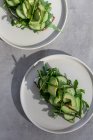 Deliziosi toast con verdure fresche ed erbe aromatiche su piatti — Foto stock