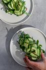 Вид сверху на человека, который берет здоровый тост с зеленью и сырыми овощами из белой тарелки — стоковое фото