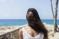 Довгошерста іспаномовна жінка вкриває обличчя довгими волоссями вітром на відкритому повітрі — стокове фото