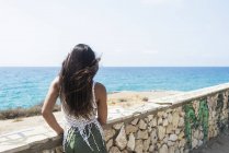 Вид ззаду на довгошерсту іспаномовну жінку, що спирається на стіну на березі моря, дивлячись далеко до горизонту — стокове фото