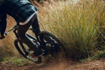 Rückenansicht eines nicht wiederzuerkennenden Mannes mit Helm, der beim Mountainbike-Training im Wald bergab fährt — Stockfoto