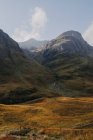 Спокойный пейзаж шотландской сельской местности с желтыми лугами в скалистой горе против облачного неба — стоковое фото