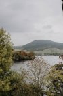 Bellissimo paesaggio tranquillo del lago circondato da foreste verdi e montagne nebbiose in giornata nuvolosa autunno in Scozia — Foto stock