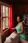 Вид сбоку позитивной черной женщины в повседневном платье, смотрящей в камеру, стоя у окна в уютном деревянном доме с елкой — стоковое фото