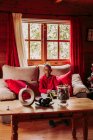 Satisfeito menina negra segurando brinquedo nas mãos e olhando para a câmera enquanto sentado no sofá perto da janela na acolhedora sala de estar com decoração de Natal — Fotografia de Stock