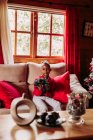 Удовлетворенная черная девушка держит игрушку в руках и смотрит в камеру, сидя на диване возле окна в уютной гостиной с рождественским декором — стоковое фото