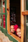 Cute black little siblings smiling and looking at camera through open window of wooden cabin — Stock Photo