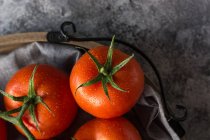 Desde arriba de tomates húmedos y limpios colocados sobre una servilleta de tela gris sobre un fondo de mesa de hormigón gris - foto de stock
