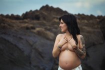 Dreamy topless brunette happy beautiful pregnant woman in maxi skirt standing on marvelous rocks with stream and covering breast looking away — Stock Photo
