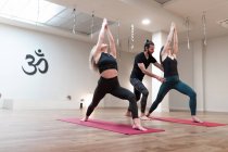 Equilibrado calmar a las mujeres y hombre profesor ayudando a corregir poses mientras se estiran y levantan las manos en guerrero una postura en clase de yoga - foto de stock