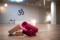 Yoga blocks and rolled pink mats placed on floor in spacious brightly illuminated studio — Stock Photo