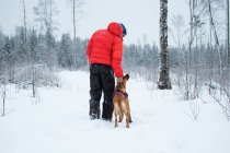 Back view of male in black and red outerwear scratching head of dog while walking on white snow near forest on cold winter day in nature — Stock Photo