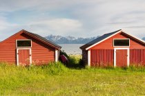 Edifícios de madeira vermelho localizado no prado verde na costa com montanhas rochosas e céu nublado no fundo em dia ensolarado no campo — Fotografia de Stock