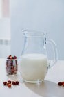 Frasco de leite e avelãs na mesa — Fotografia de Stock