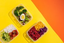 Hausgemachtes veganes Essen in Lunchboxen mit gesundem Gemüse frisch von oben. Veganes Lebensmittelkonzept. Gesunde Ernährung. Flach lag er. Ansicht von oben — Stockfoto