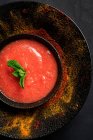 Healthy Homemade Tomato Soup with Bread, Mint and Olive Oil on Dark Background from above. Vegan food concept — Stock Photo