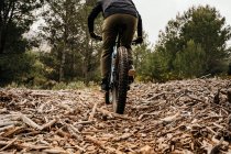 Radler radelte auf steinigem Weg in Wald — Stockfoto