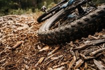 Bicicleta con neumático sucio colocada en un montón de astillas de madera seca en el suelo en el bosque - foto de stock